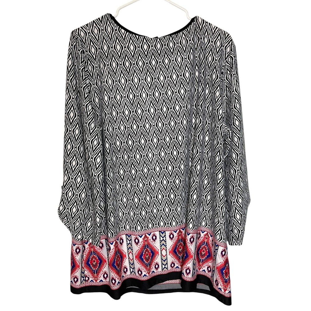 New Directions 2X Black Geometric 3/4 Sleeve Split Neck Tunic Boho Southwestern